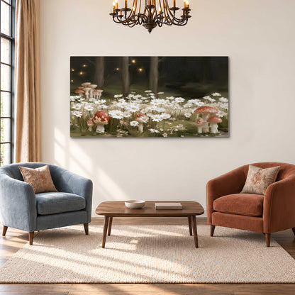 Pale daisies and red-capped mushrooms in a dark meadow with tiny painted points of light single canvas wall art styled in an interior