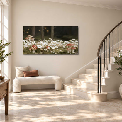 Pale daisies and red-capped mushrooms in a dark meadow with tiny painted points of light single canvas wall art styled in an interior