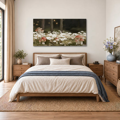 Pale daisies and red-capped mushrooms in a dark meadow with tiny painted points of light single canvas wall art styled in an interior