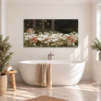 Pale daisies and red-capped mushrooms in a dark meadow with tiny painted points of light single canvas wall art styled in an interior