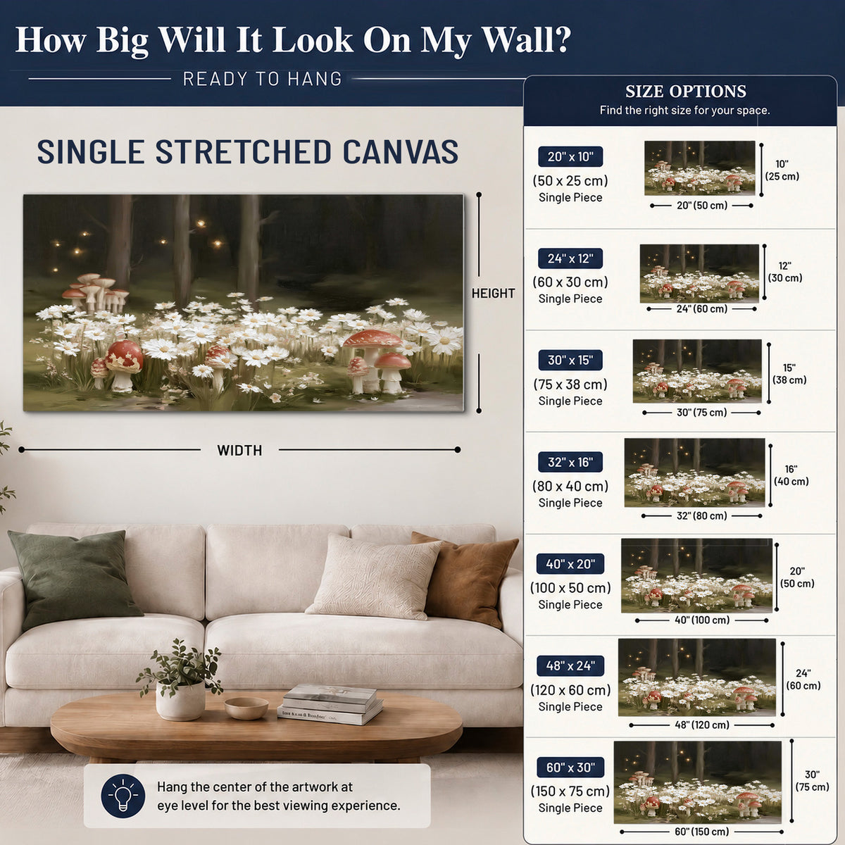 Pale daisies and red-capped mushrooms in a dark meadow with tiny painted points of light single canvas wall art size guide above a sofa; room view is illustrative