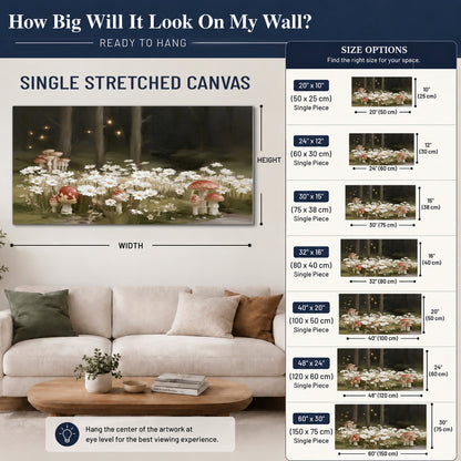 Pale daisies and red-capped mushrooms in a dark meadow with tiny painted points of light single canvas wall art size guide above a sofa; room view is illustrative