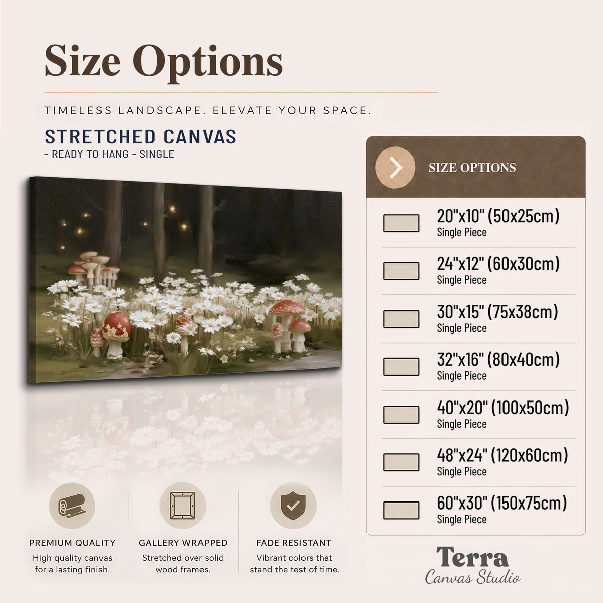 Pale daisies and red-capped mushrooms in a dark meadow with tiny painted points of light single canvas wall art available dimensions