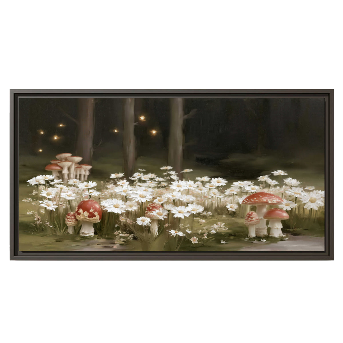 Pale daisies and red-capped mushrooms in a dark meadow with tiny painted points of light single framed canvas wall art viewed straight on