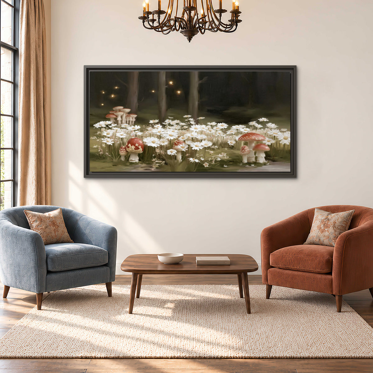 Pale daisies and red-capped mushrooms in a dark meadow with tiny painted points of light single framed canvas wall art styled in an interior