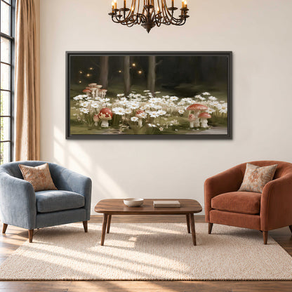 Pale daisies and red-capped mushrooms in a dark meadow with tiny painted points of light single framed canvas wall art styled in an interior