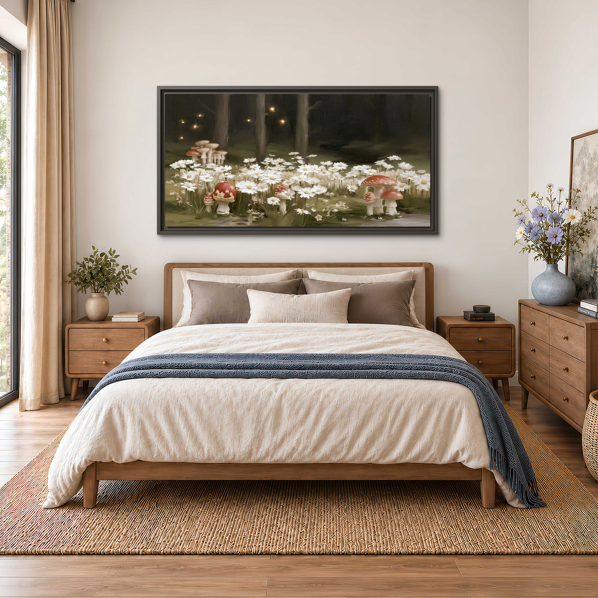 Pale daisies and red-capped mushrooms in a dark meadow with tiny painted points of light single framed canvas wall art styled in an interior