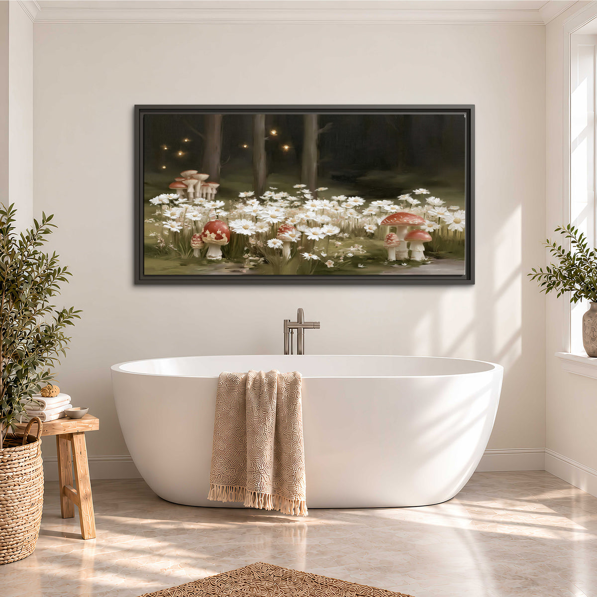 Pale daisies and red-capped mushrooms in a dark meadow with tiny painted points of light single framed canvas wall art styled in an interior