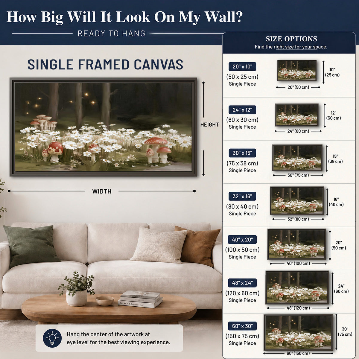 Pale daisies and red-capped mushrooms in a dark meadow with tiny painted points of light single framed canvas wall art size guide above a sofa; room view is illustrative