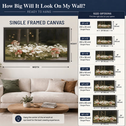 Pale daisies and red-capped mushrooms in a dark meadow with tiny painted points of light single framed canvas wall art size guide above a sofa; room view is illustrative