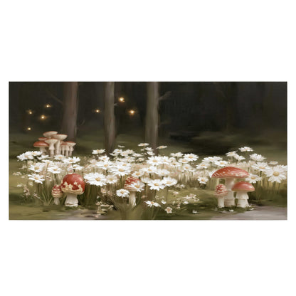 Pale daisies and red-capped mushrooms in a dark meadow with tiny painted points of light single poster print viewed straight on