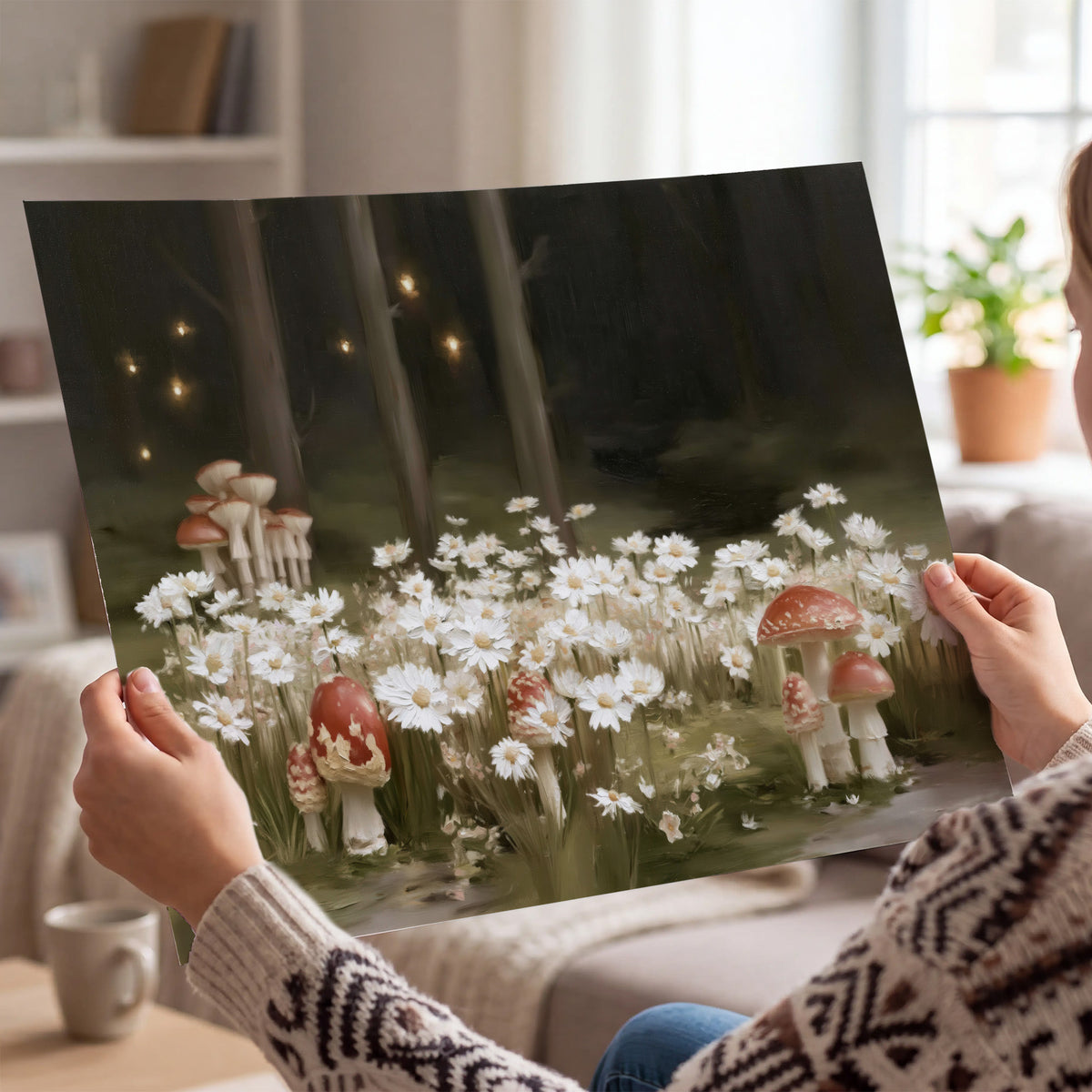 Pale daisies and red-capped mushrooms in a dark meadow with tiny painted points of light single poster print held in hands