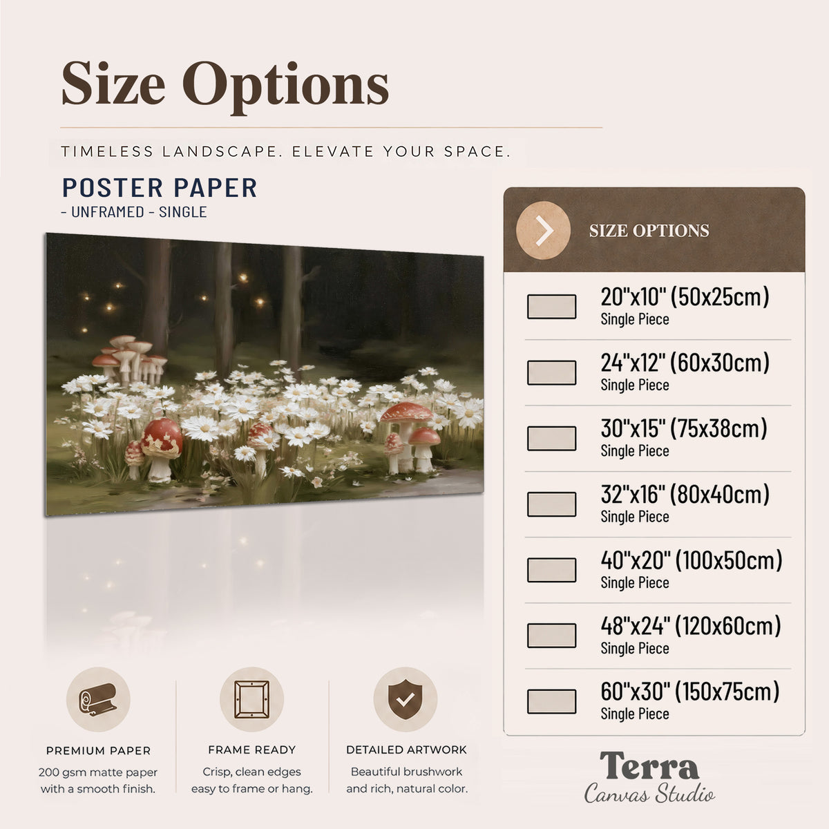 Pale daisies and red-capped mushrooms in a dark meadow with tiny painted points of light single poster print available dimensions