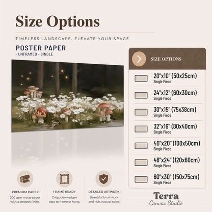 Pale daisies and red-capped mushrooms in a dark meadow with tiny painted points of light single poster print available dimensions
