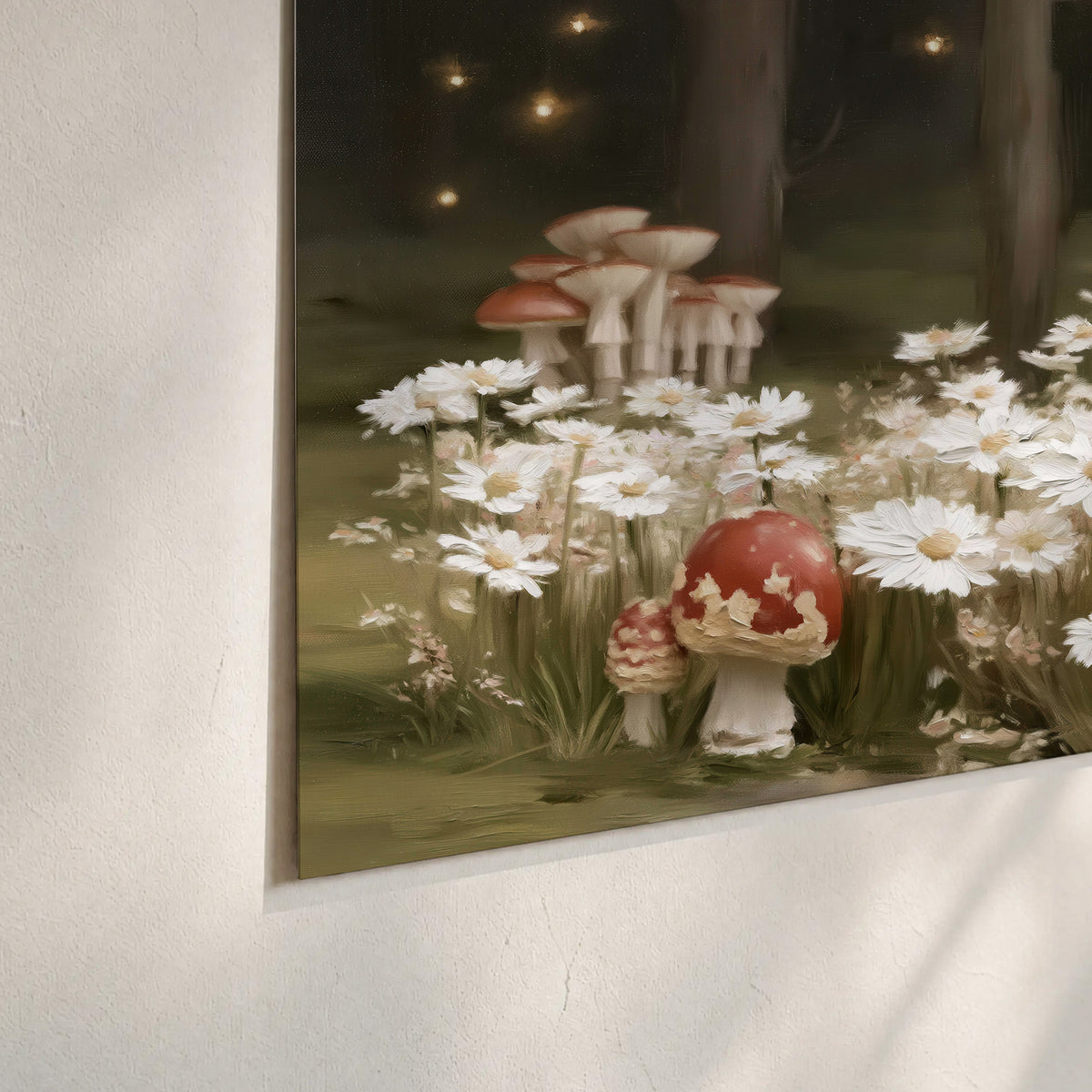 Pale daisies and red-capped mushrooms in a dark meadow with tiny painted points of light set of 3 poster prints material and edge close up