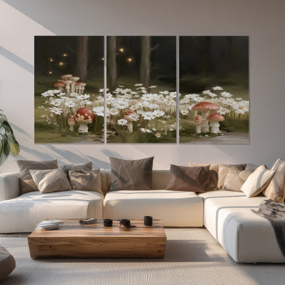 Pale daisies and red-capped mushrooms in a dark meadow with tiny painted points of light set of 3 poster prints displayed in a living room