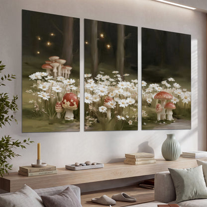 Pale daisies and red-capped mushrooms in a dark meadow with tiny painted points of light set of 3 poster prints displayed in a console
