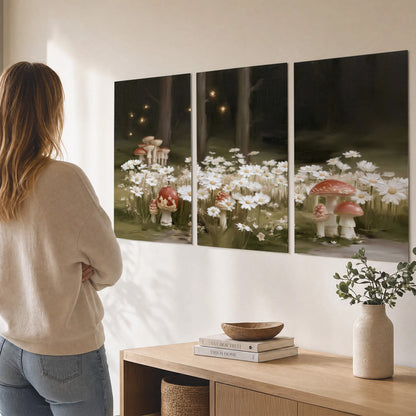 Pale daisies and red-capped mushrooms in a dark meadow with tiny painted points of light set of 3 poster prints three panel arrangement on a wall