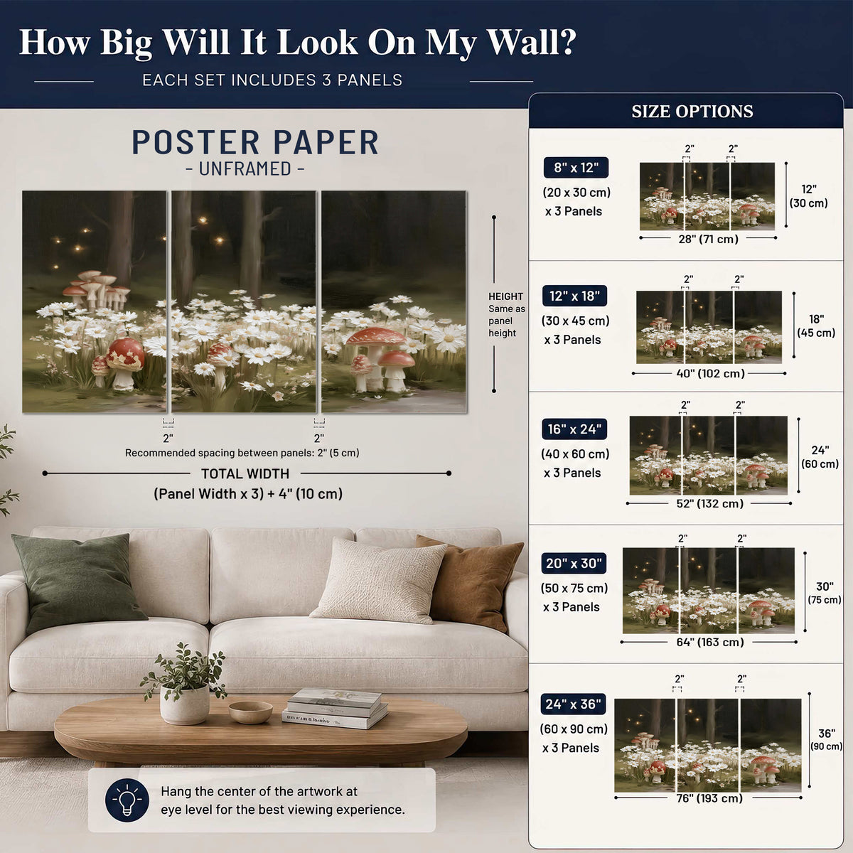 Pale daisies and red-capped mushrooms in a dark meadow with tiny painted points of light set of 3 poster prints size guide above a sofa; room view is illustrative