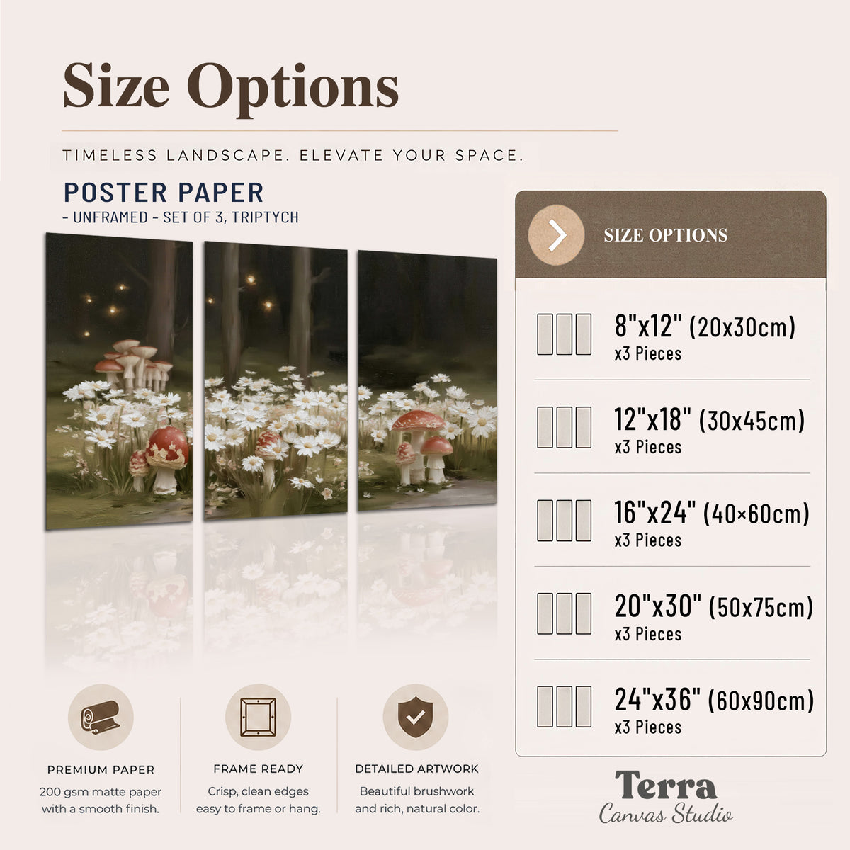 Pale daisies and red-capped mushrooms in a dark meadow with tiny painted points of light set of 3 poster prints available dimensions; triptych dimensions are per panel