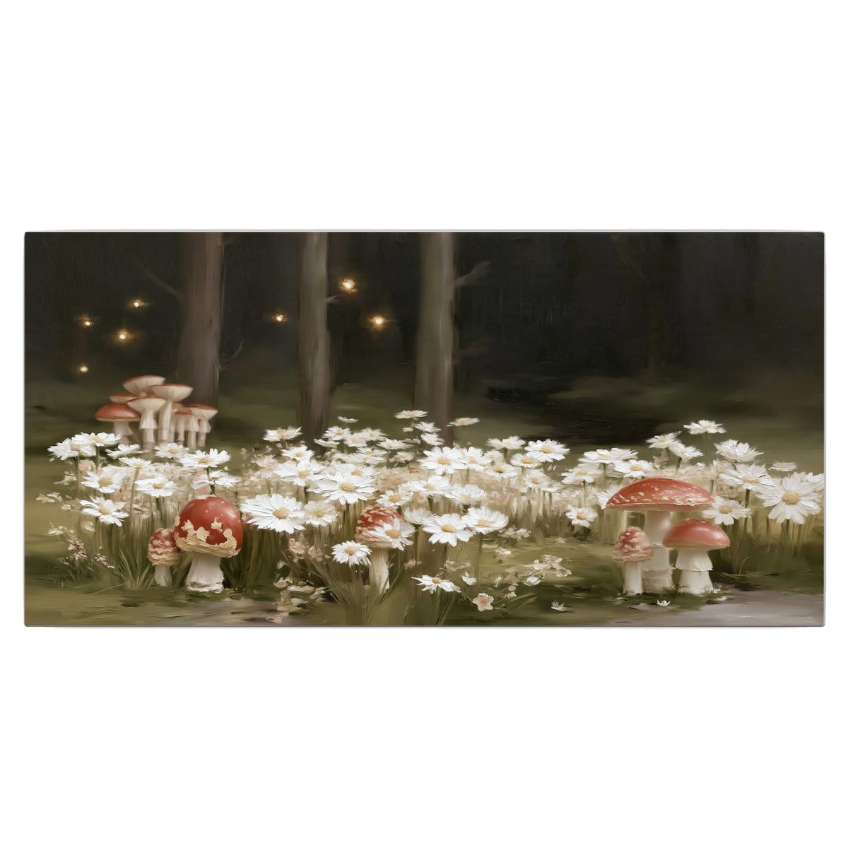 Pale daisies and red-capped mushrooms in a dark meadow with tiny painted points of light single canvas wall art viewed straight on