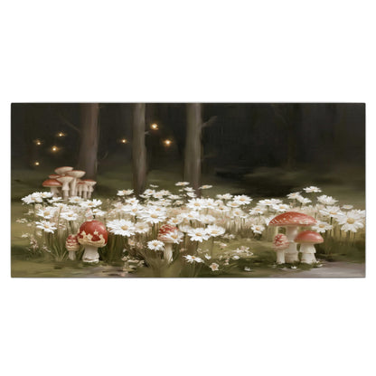 Pale daisies and red-capped mushrooms in a dark meadow with tiny painted points of light single canvas wall art viewed straight on