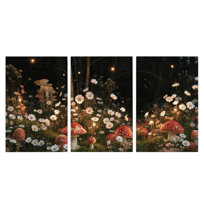 Red mushrooms and delicate white flowers glowing in a painted nighttime woodland scene 3 piece canvas wall art viewed straight on