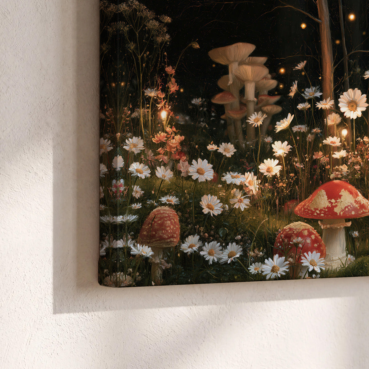 Red mushrooms and delicate white flowers glowing in a painted nighttime woodland scene 3 piece canvas wall art material and edge close up