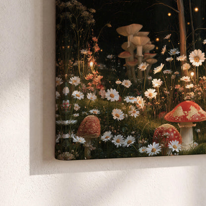 Red mushrooms and delicate white flowers glowing in a painted nighttime woodland scene 3 piece canvas wall art material and edge close up