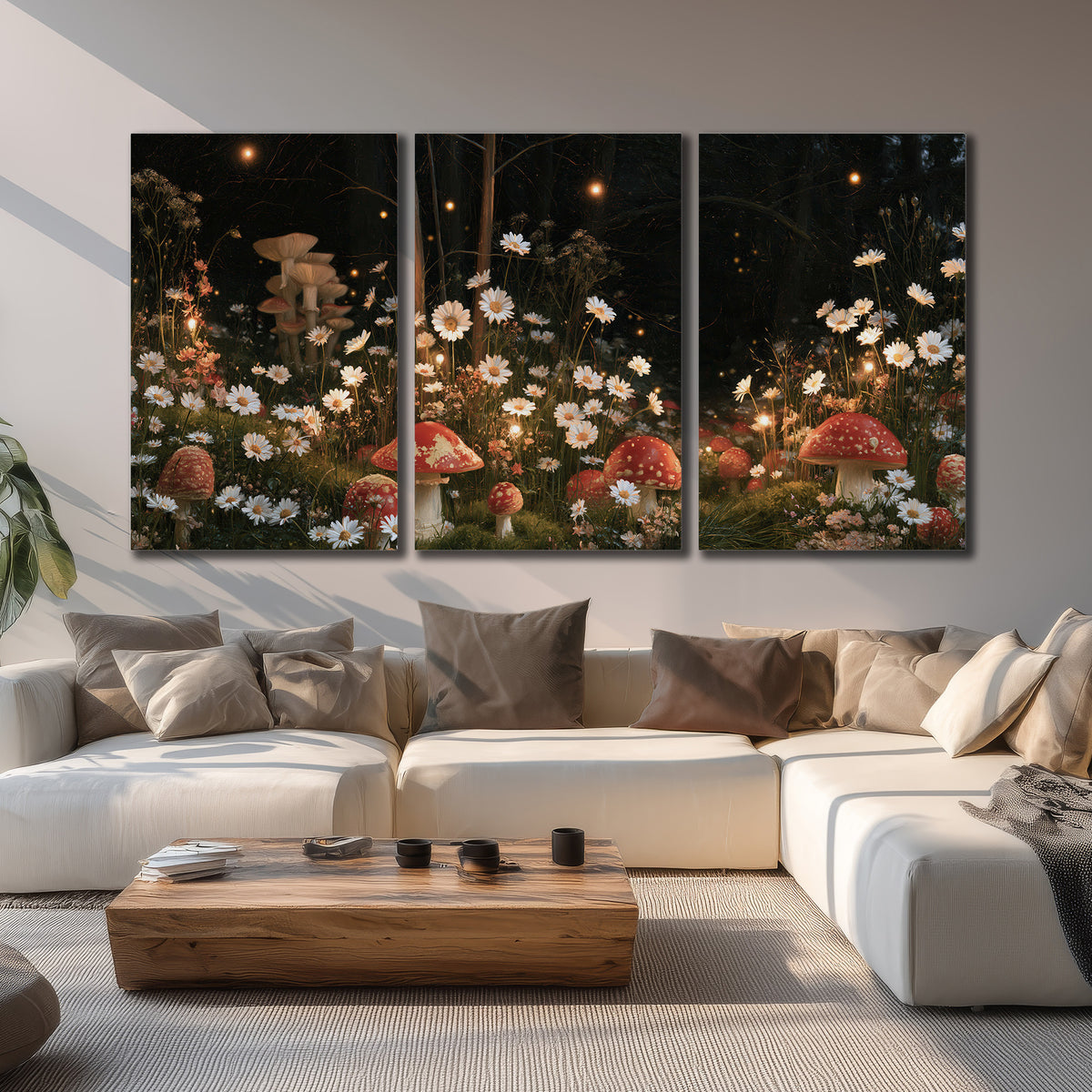 Red mushrooms and delicate white flowers glowing in a painted nighttime woodland scene 3 piece canvas wall art displayed in a living room