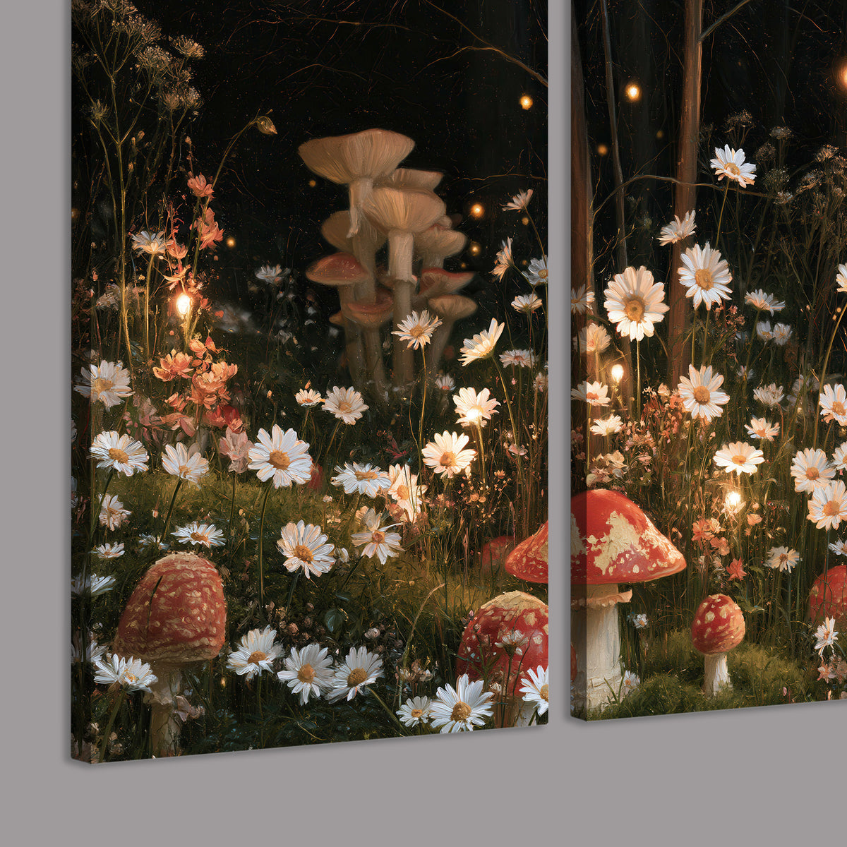 Red mushrooms and delicate white flowers glowing in a painted nighttime woodland scene 3 piece canvas wall art room and product view