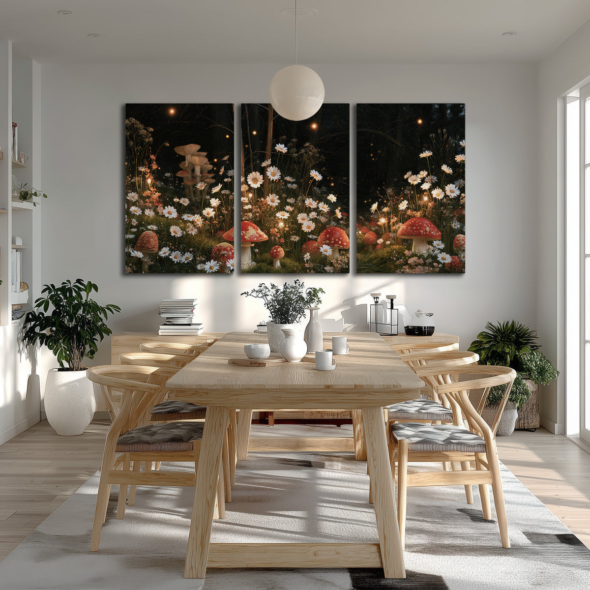 Red mushrooms and delicate white flowers glowing in a painted nighttime woodland scene 3 piece canvas wall art room and product view