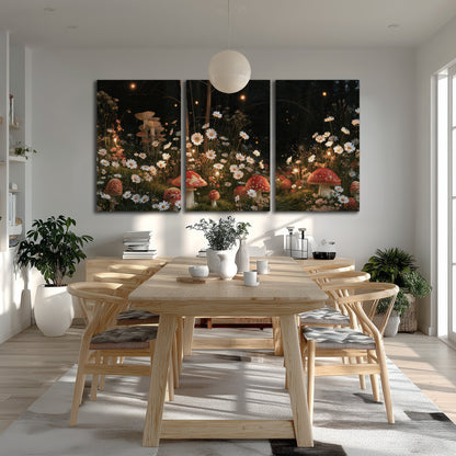 Red mushrooms and delicate white flowers glowing in a painted nighttime woodland scene 3 piece canvas wall art room and product view
