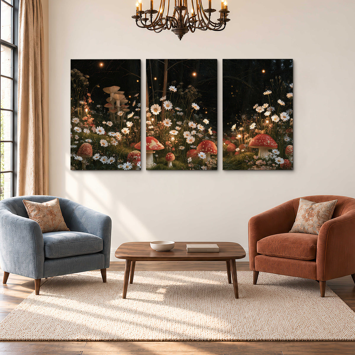 Red mushrooms and delicate white flowers glowing in a painted nighttime woodland scene 3 piece canvas wall art styled in an interior