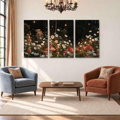 Red mushrooms and delicate white flowers glowing in a painted nighttime woodland scene 3 piece canvas wall art styled in an interior