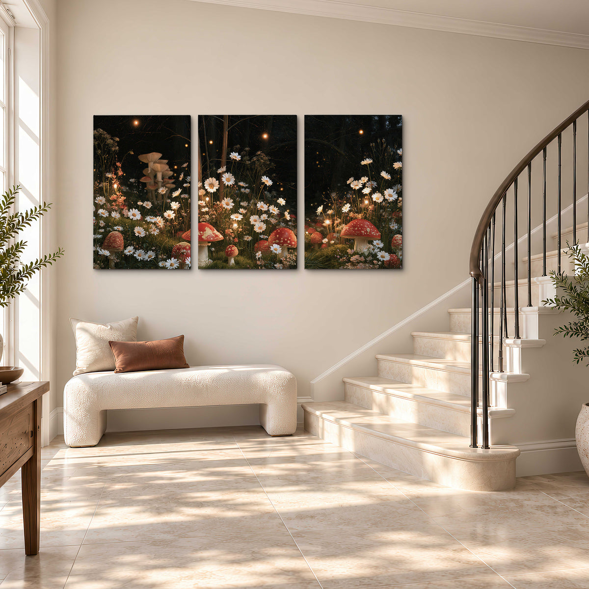 Red mushrooms and delicate white flowers glowing in a painted nighttime woodland scene 3 piece canvas wall art styled in an interior