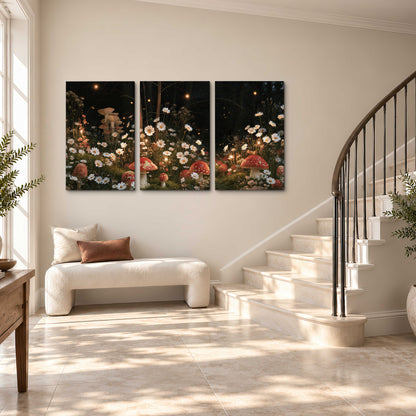 Red mushrooms and delicate white flowers glowing in a painted nighttime woodland scene 3 piece canvas wall art styled in an interior