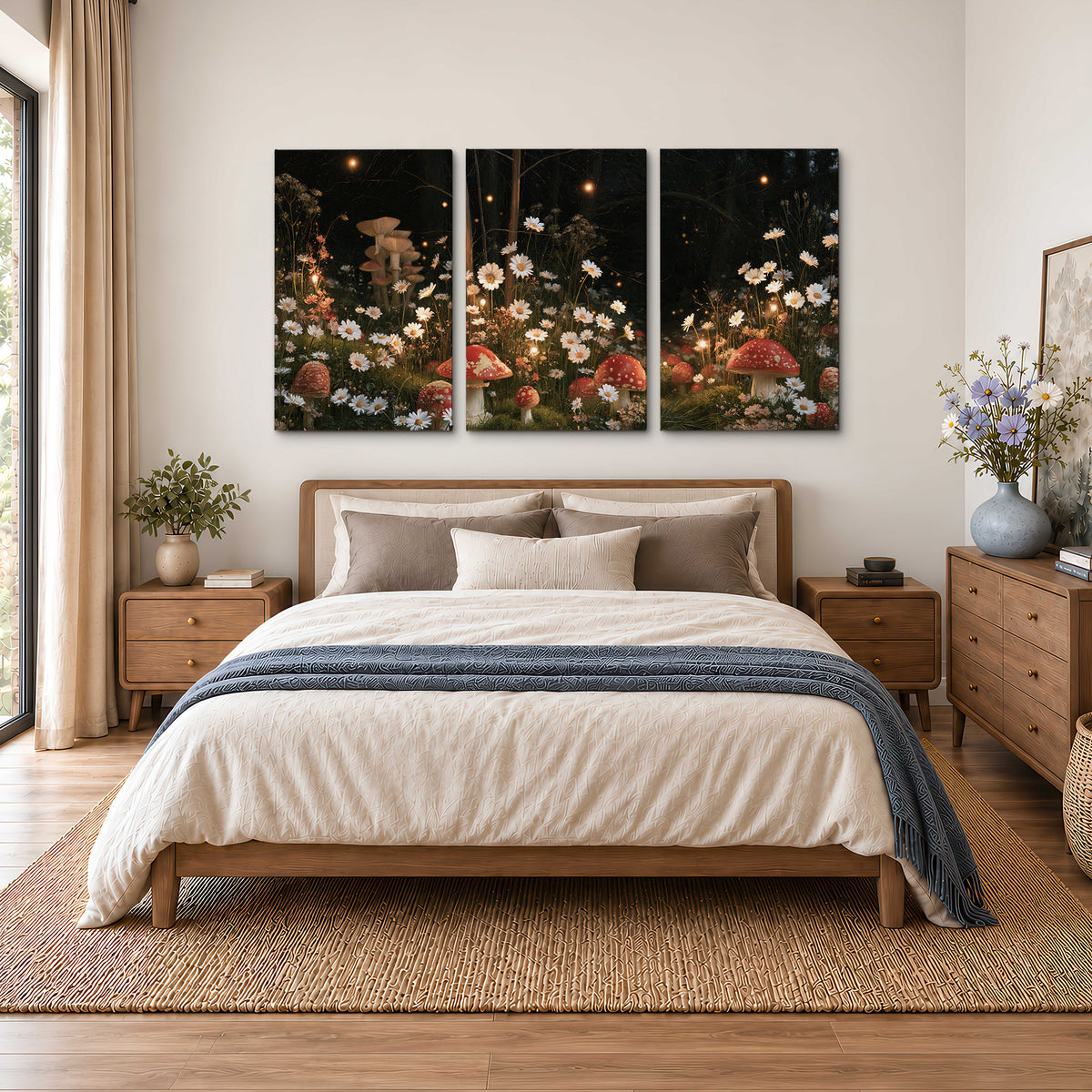 Red mushrooms and delicate white flowers glowing in a painted nighttime woodland scene 3 piece canvas wall art styled in an interior