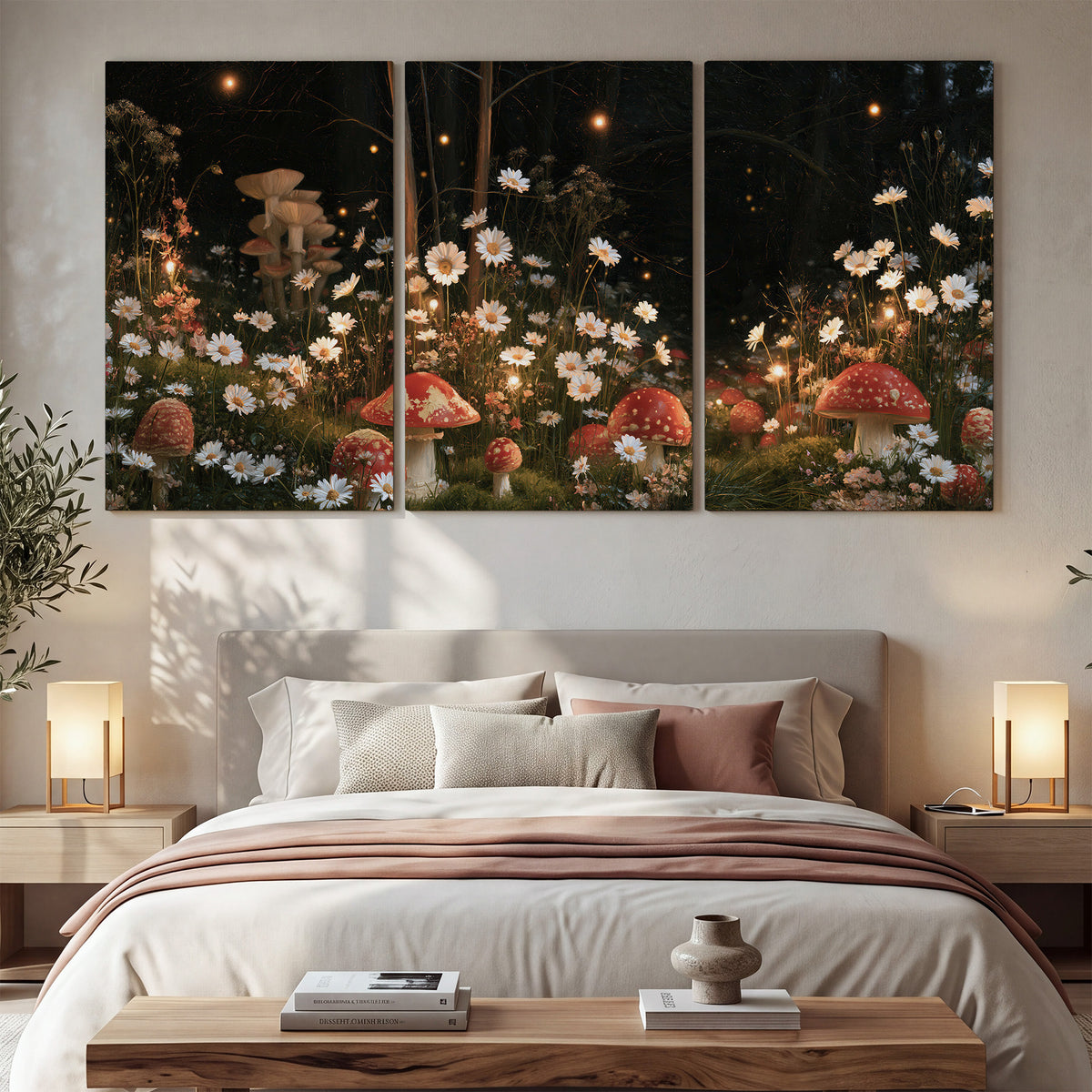 Red mushrooms and delicate white flowers glowing in a painted nighttime woodland scene 3 piece canvas wall art displayed in a bedroom