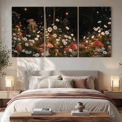 Red mushrooms and delicate white flowers glowing in a painted nighttime woodland scene 3 piece canvas wall art displayed in a bedroom