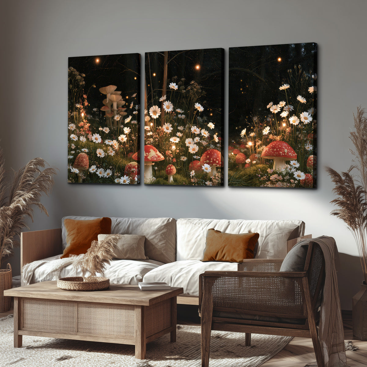 Red mushrooms and delicate white flowers glowing in a painted nighttime woodland scene 3 piece canvas wall art displayed in a rustic living room