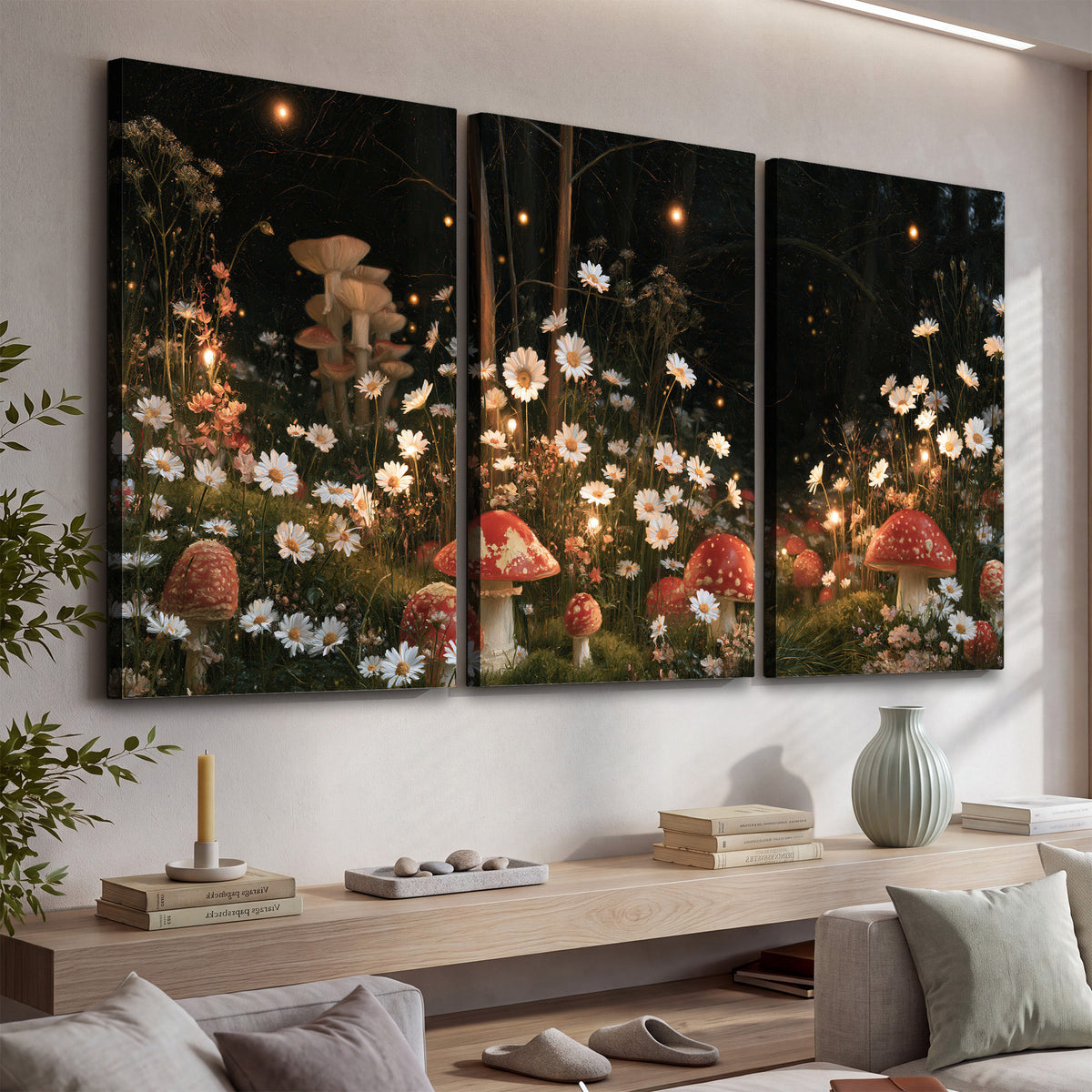 Red mushrooms and delicate white flowers glowing in a painted nighttime woodland scene 3 piece canvas wall art displayed in a console