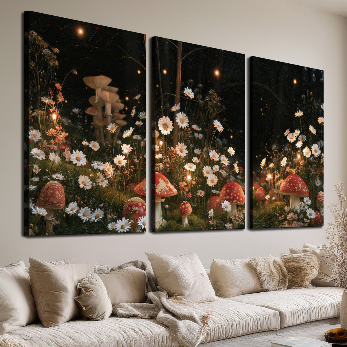 Red mushrooms and delicate white flowers glowing in a painted nighttime woodland scene 3 piece canvas wall art room and product view