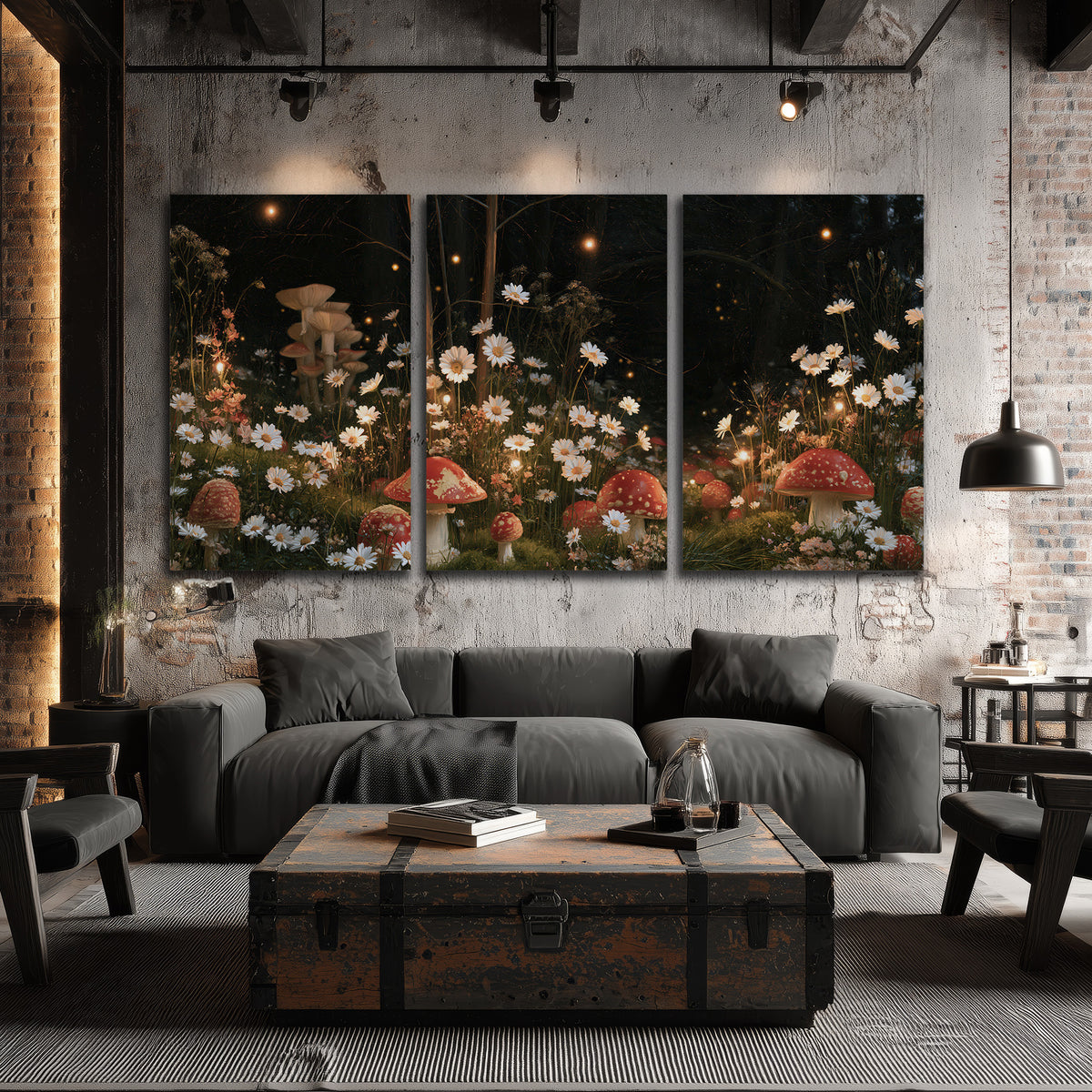 Red mushrooms and delicate white flowers glowing in a painted nighttime woodland scene 3 piece canvas wall art displayed in a industrial room