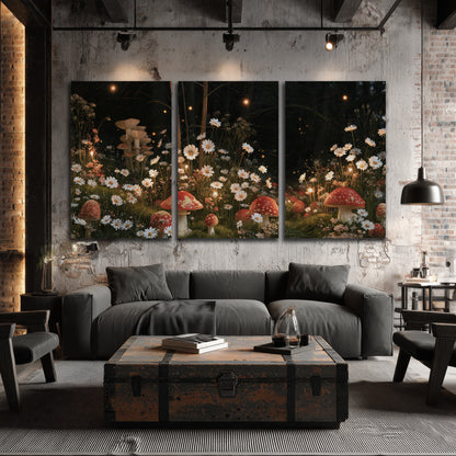 Red mushrooms and delicate white flowers glowing in a painted nighttime woodland scene 3 piece canvas wall art displayed in a industrial room