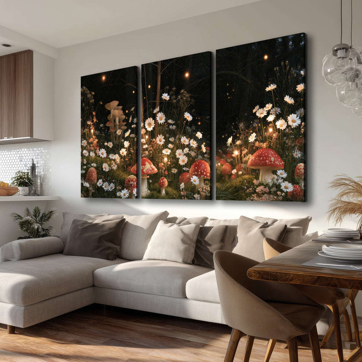 Red mushrooms and delicate white flowers glowing in a painted nighttime woodland scene 3 piece canvas wall art room and product view