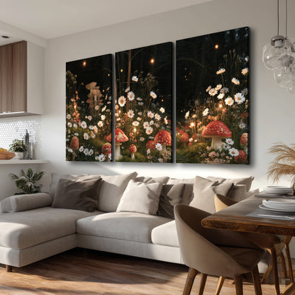 Red mushrooms and delicate white flowers glowing in a painted nighttime woodland scene 3 piece canvas wall art room and product view