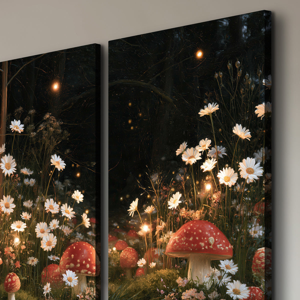 Red mushrooms and delicate white flowers glowing in a painted nighttime woodland scene 3 piece canvas wall art room and product view