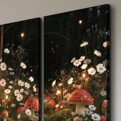 Red mushrooms and delicate white flowers glowing in a painted nighttime woodland scene 3 piece canvas wall art room and product view