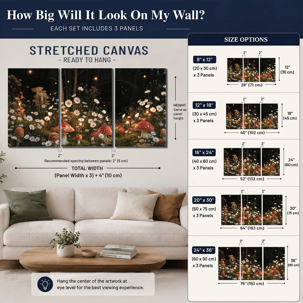 Red mushrooms and delicate white flowers glowing in a painted nighttime woodland scene 3 piece canvas wall art size guide above a sofa; room view is illustrative